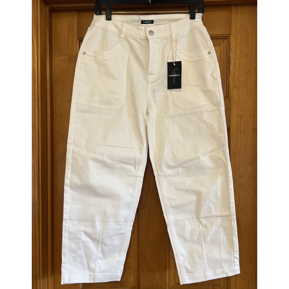 Flamingals Women's White Jeans Barrel Leg Medium Mid Rise